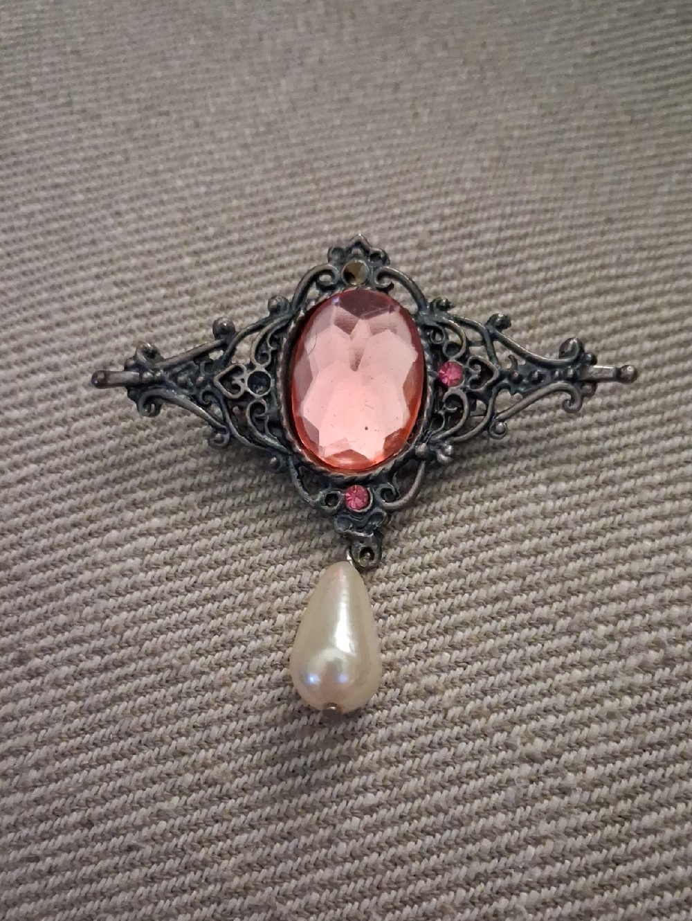 Vintage Pink Crystal and Pearl Drop Brooch